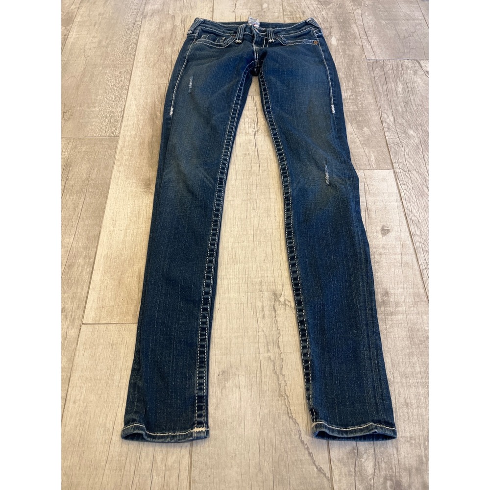 True Religion Stella Big T Skinny Jeans Dark‎ Wash White Stitch Size 26 Low Rise - Picture 2 of 10